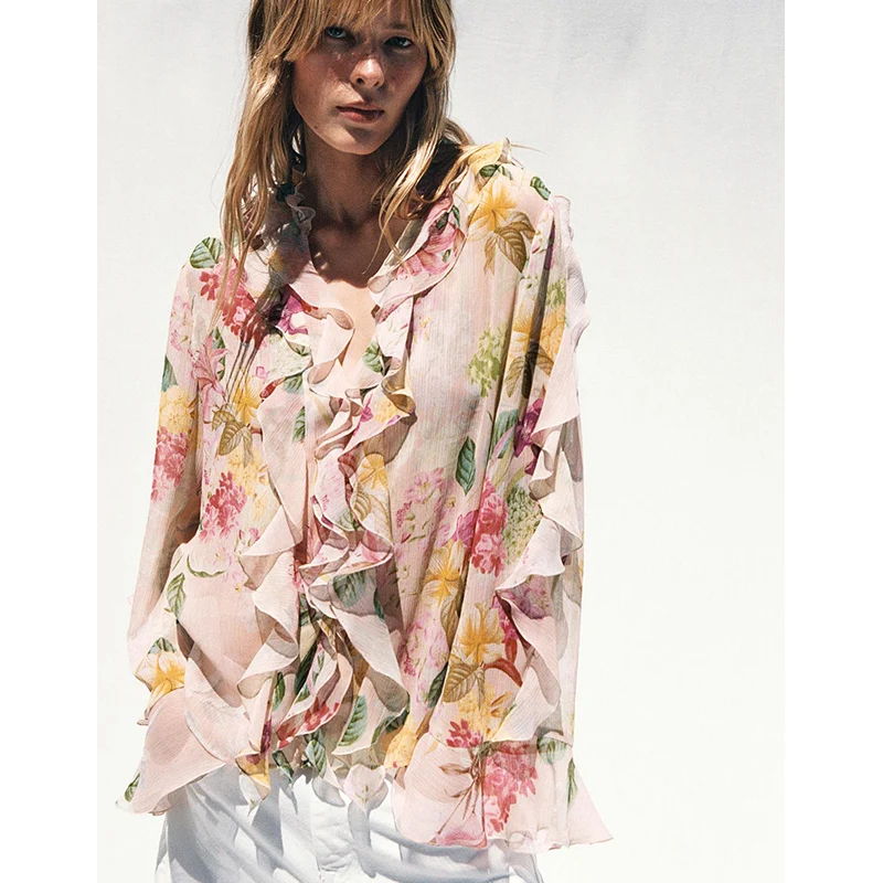 春夏新作 レディース 長袖 Vネック 花柄プリント レイヤード風 ドレープシャツ ゆったり 通勤スタイル
