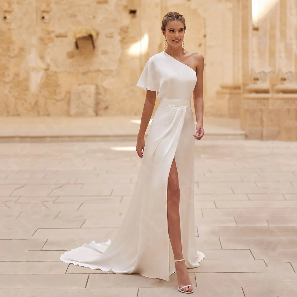

Customized 2025 On Sale Wedding Dresses One Shoulder Bridal Gowns Side Split Bride Dresses Short Sleeves Wedding Gowns Simple