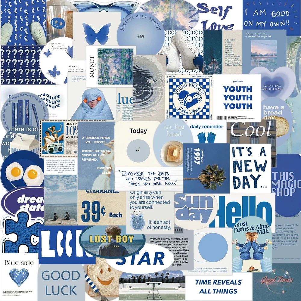 57PCS Frische Blaue Aufkleber Ästhetische Ins Stil Graffiti Aufkleber Dekoration DIY Skateboard Sammelalbum Kühlschrank Gitarre Fahrrad Spielzeug Geschenke