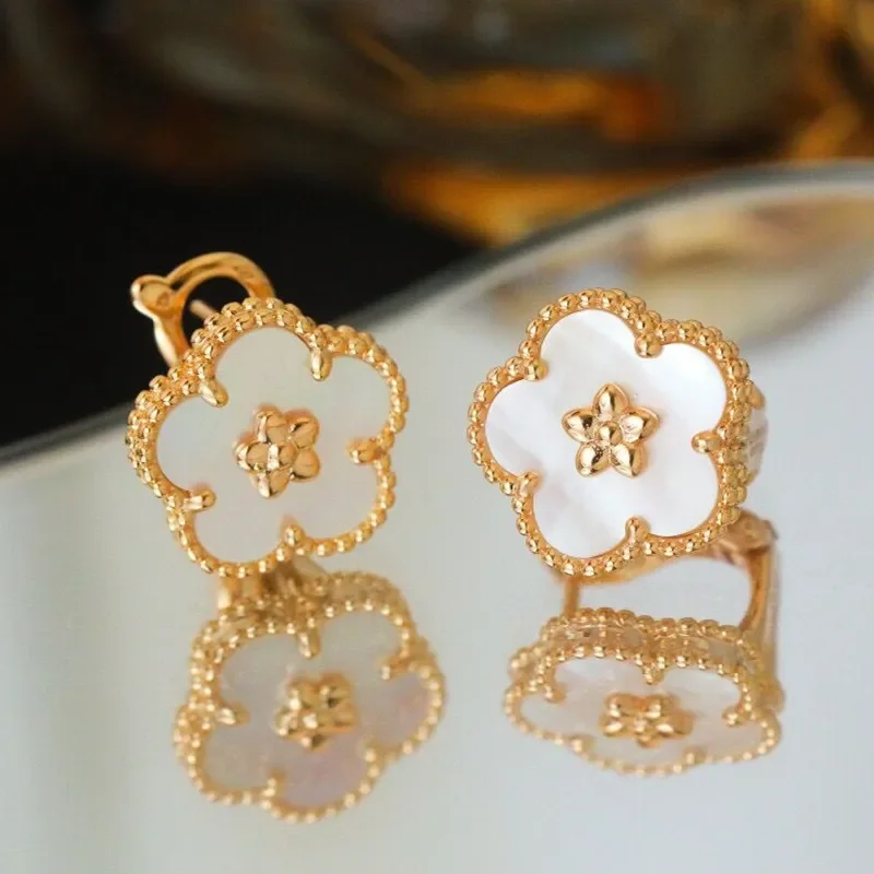 European Trend Exquisite Jewelry Rose Gold Natural White Fritillaria Plum Blossom Earrings Women's Temperament Luxury Brand