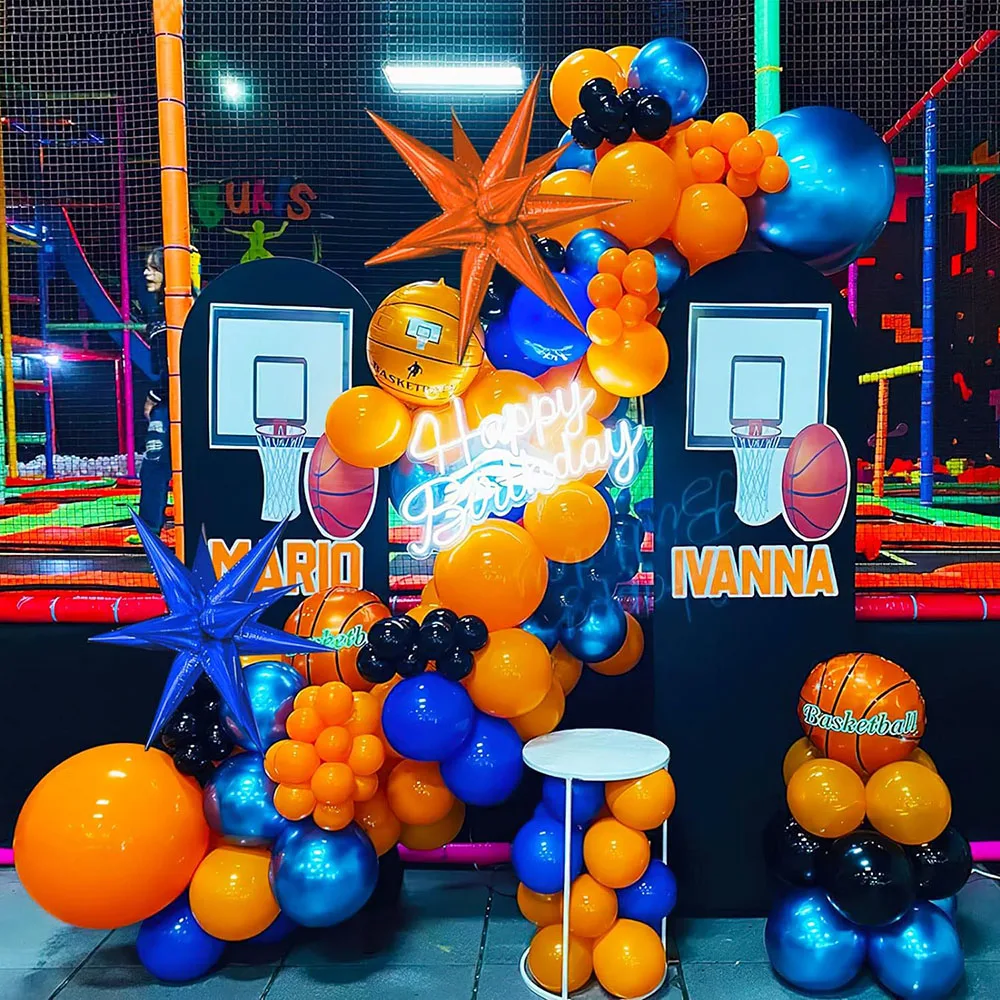 Juego de guirnaldas de globos de baloncesto naranja, azul y negro con globo de baloncesto de explosión de estrellas 4D, adecuado para fiestas temáticas deportivas, decoración de cumpleaños All-Star Space Jam