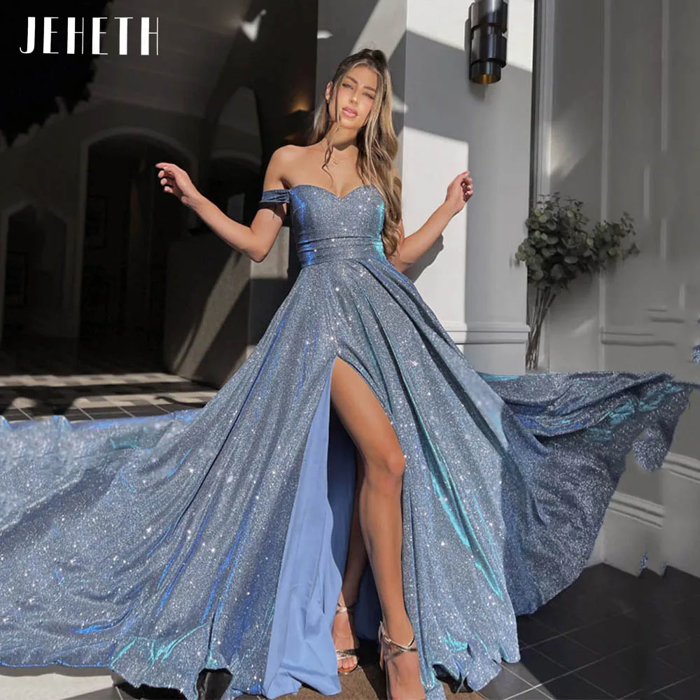 JEHETH Women Sky Blue Shiny Off The Shoulder Evening Dresses Soft Satin Sweetheart Side Split Sexy Long Prom Formal Party Gowns