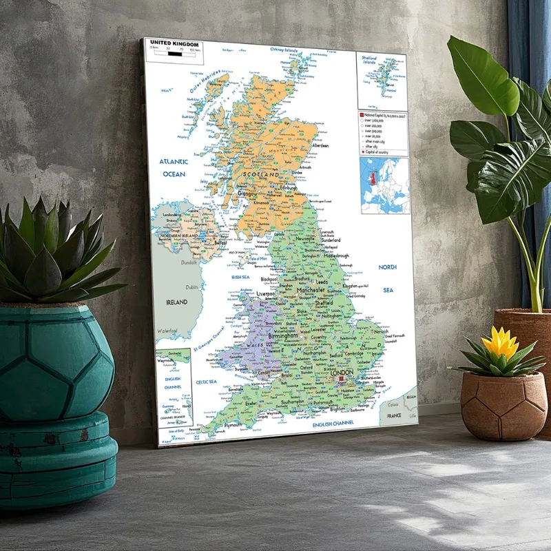 Educational Poster United Kingdom Map Painting Frameless for Decoration Gift Living Room Bedroom Wall Art in English  A1/A2/A3