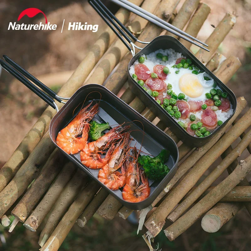 Naturehike Camping Square Titanium LunchBox Picnic Portable Tableware Outdoor Ultralight Multi-dining Box Folding Handle Cutlery