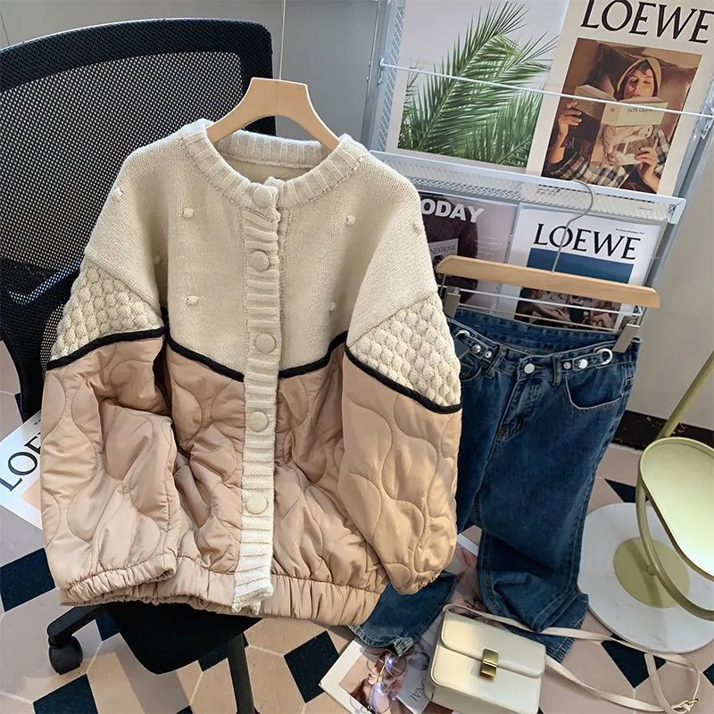 New Arrival 2023 Autumn Winter Korea Fashion Women Long Sleeve Loose Short Coats Single Breasted Patchwork Thick Jackets P327