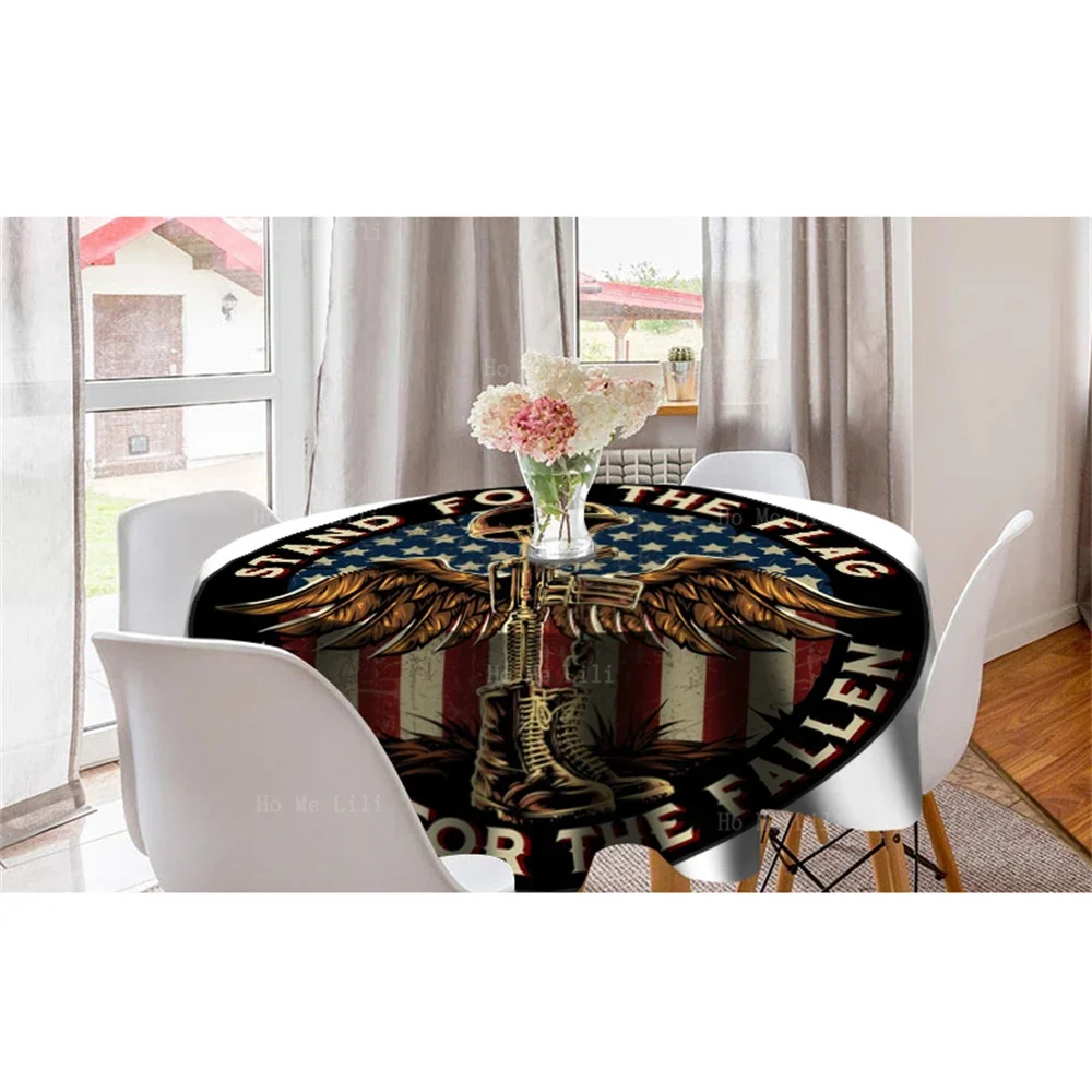 Battlefield Cross Stand For The Flag Kneel For The Fallen Patriotic Fabric Round Tablecloth