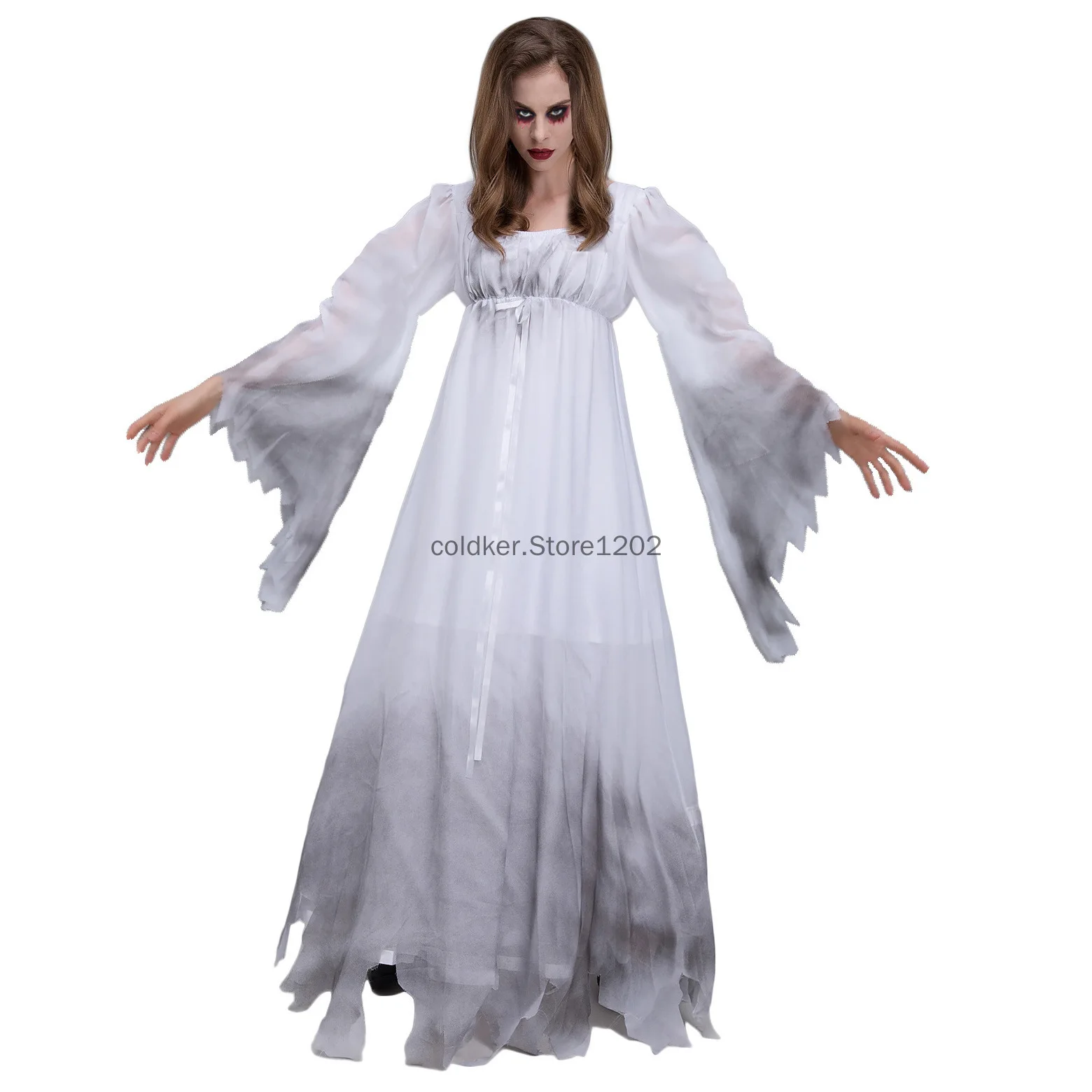 

Adult Women Gossamer Ghost Bride Costume Dress White Gothic Victorial Scary Spooky Zombie Halloween Cosplay Dress Up