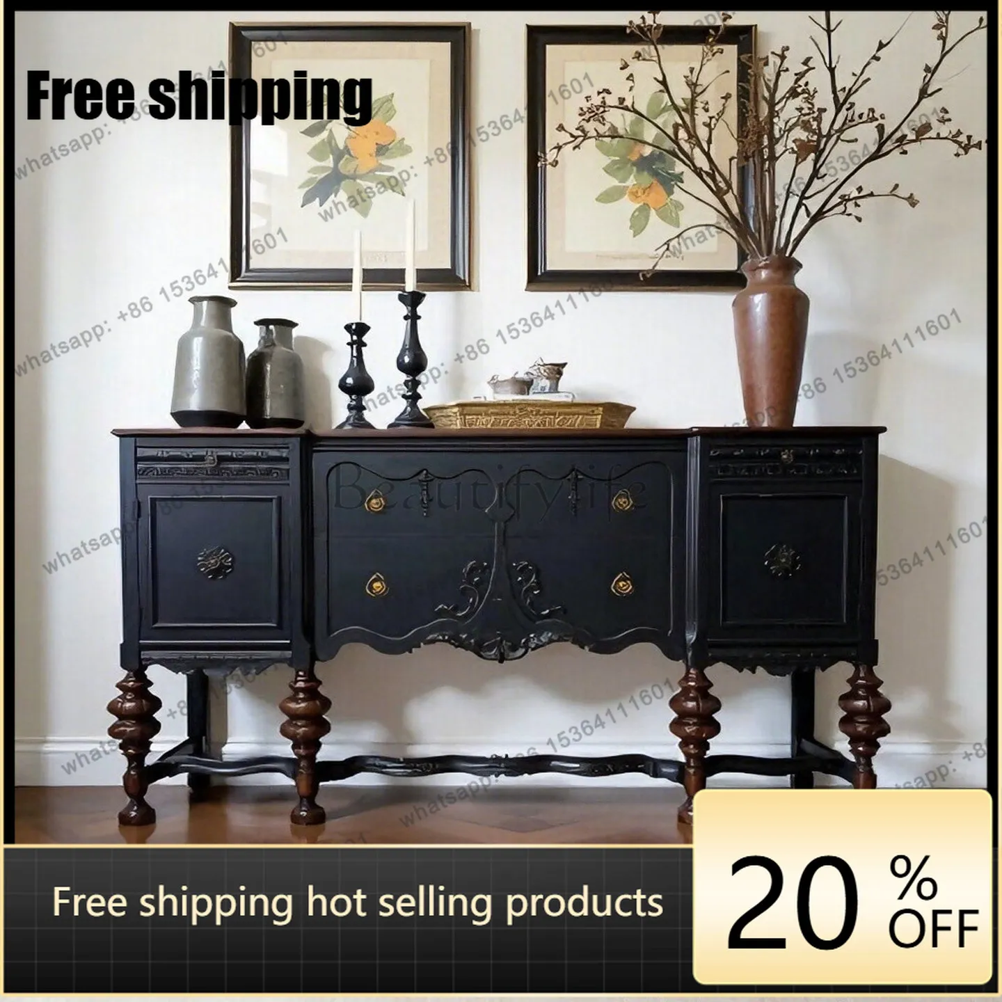 LD33 French retro solid wood porch cabinet living room carved storage contrasting color dining side cabinet