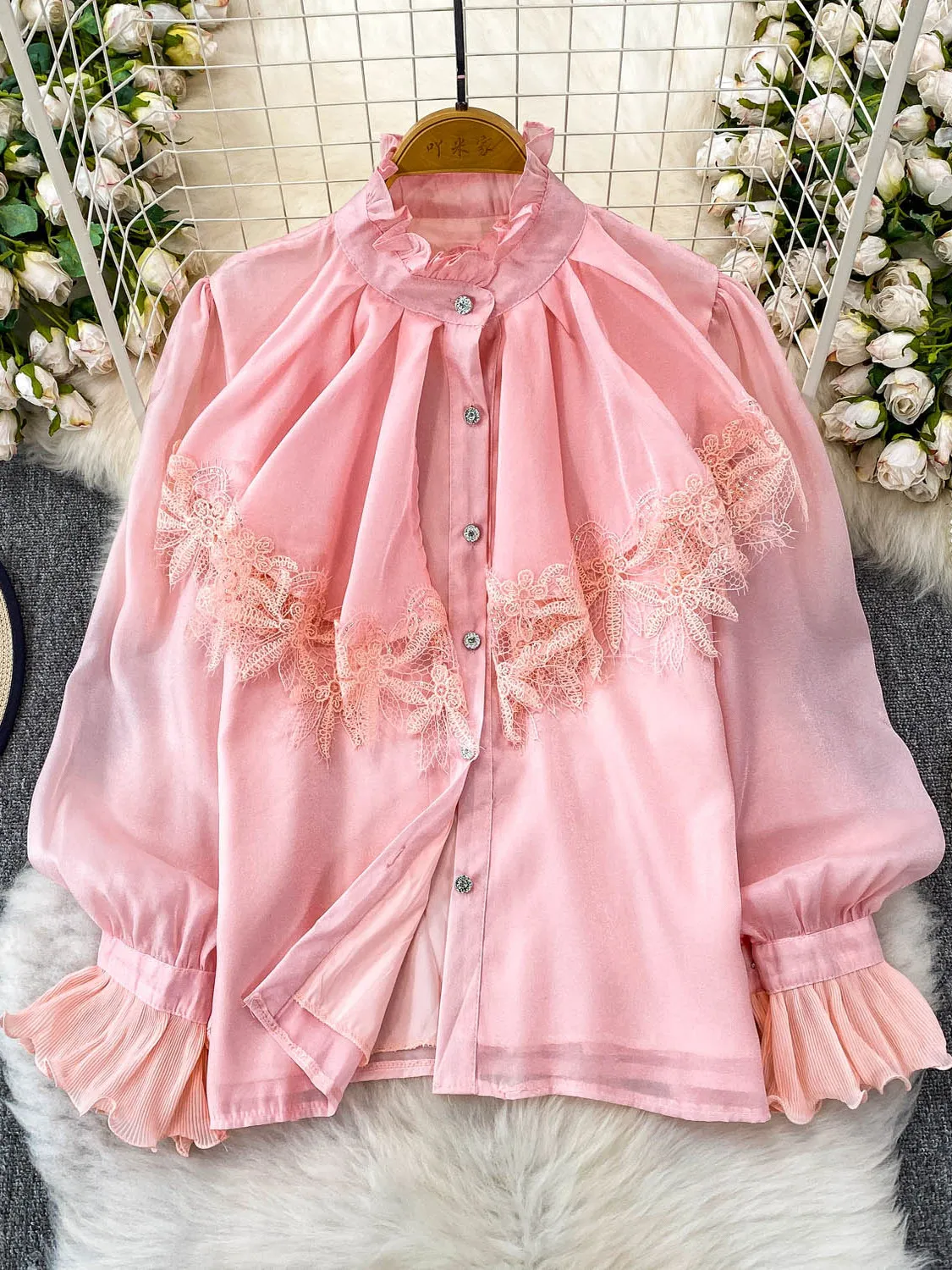 

Retro Lace Splicing Flounce Collar Long Sve Loose Chiffon irt Women's Autumn Faionable Top Korean Sle Commute Wind