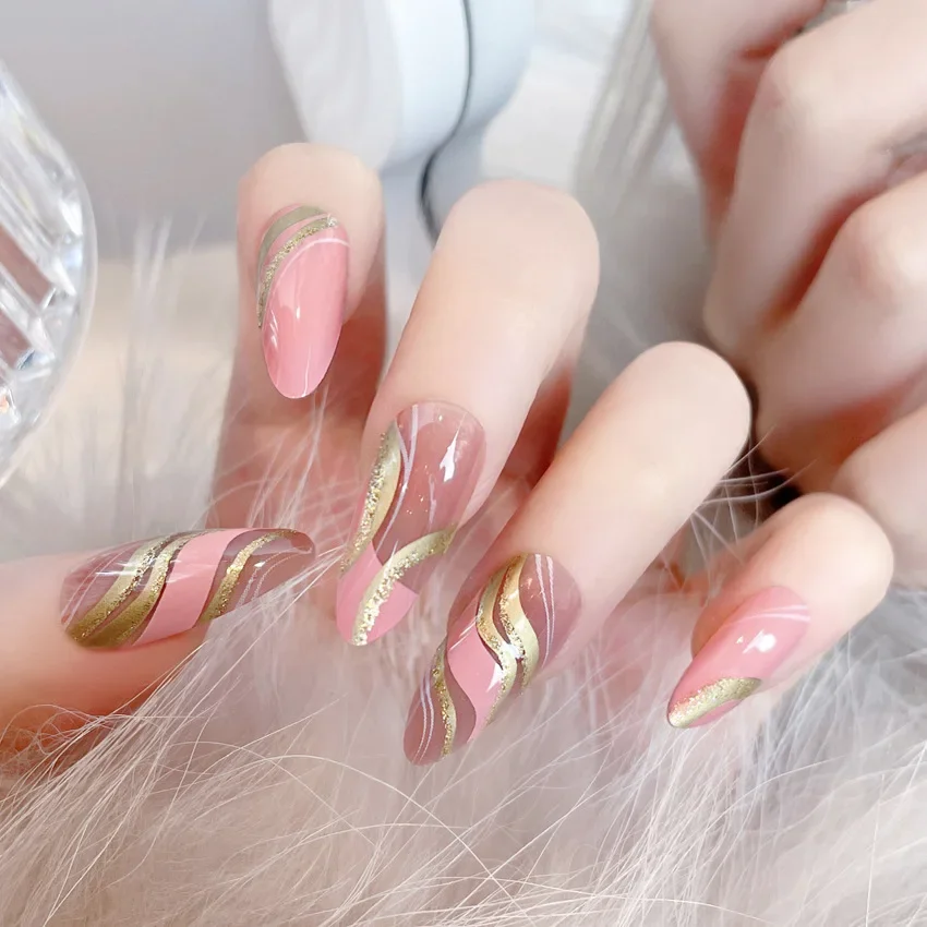 Press on Nails Pink Barbie Corrugated Long Almond Acrylic Nail Glitter Wearable Nail Stickers with Free Glue for Women,24pcs