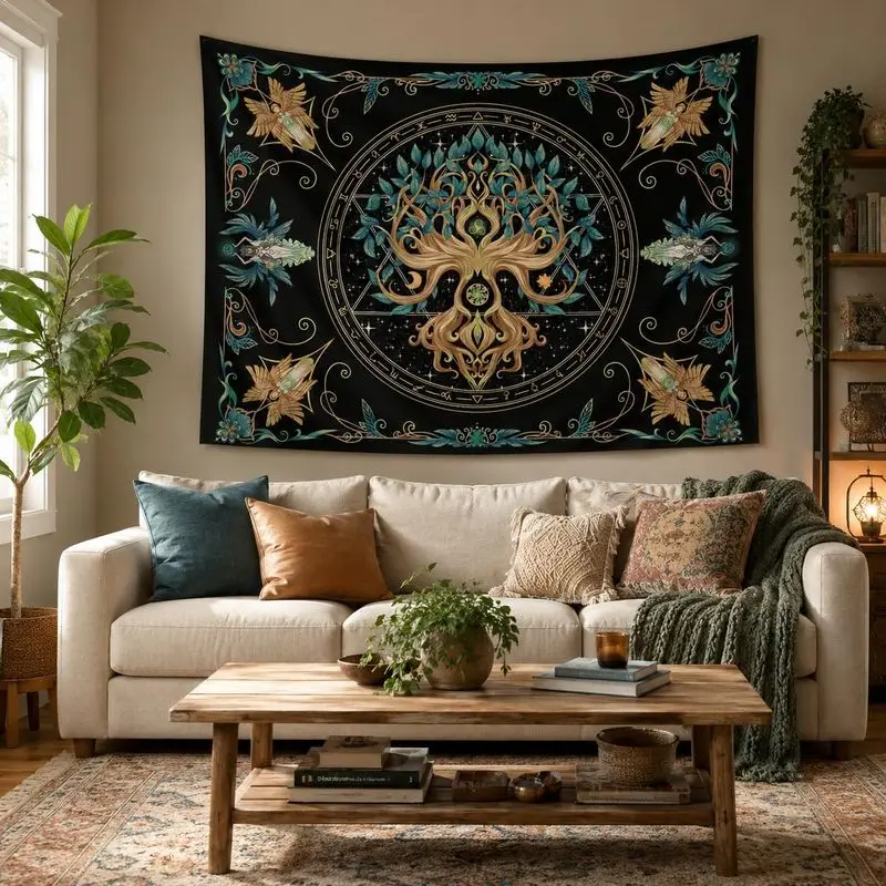 VIKAMA Mystical Tree of Life Tapestry Zodiac Botanical Polyester Wall Hanging Boho Aesthetic Bedroom Dorm Home Decor
