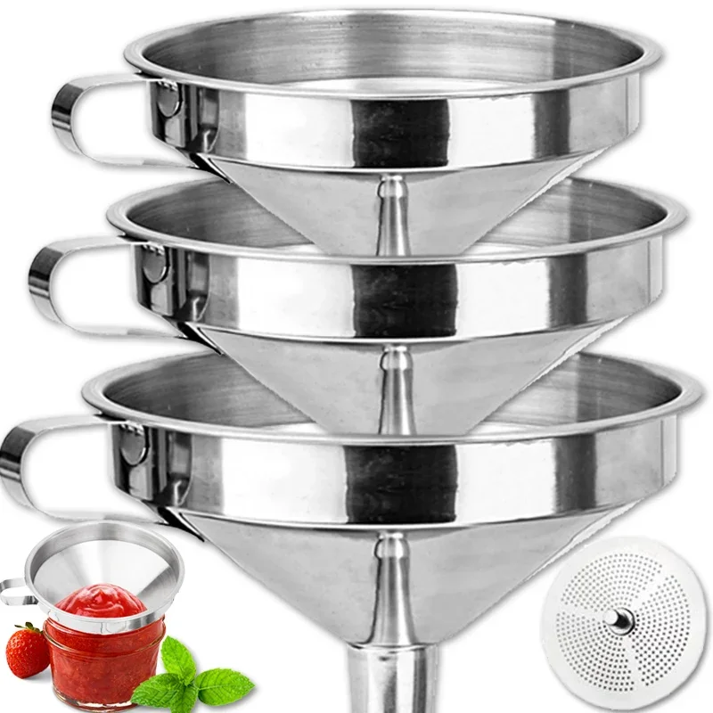 Stainless Steel Funnels Wide Mouth Oil Flask Funnel with Detachable Filter Orange Juice Metal Funnel Portable Bar Kitchen Tools