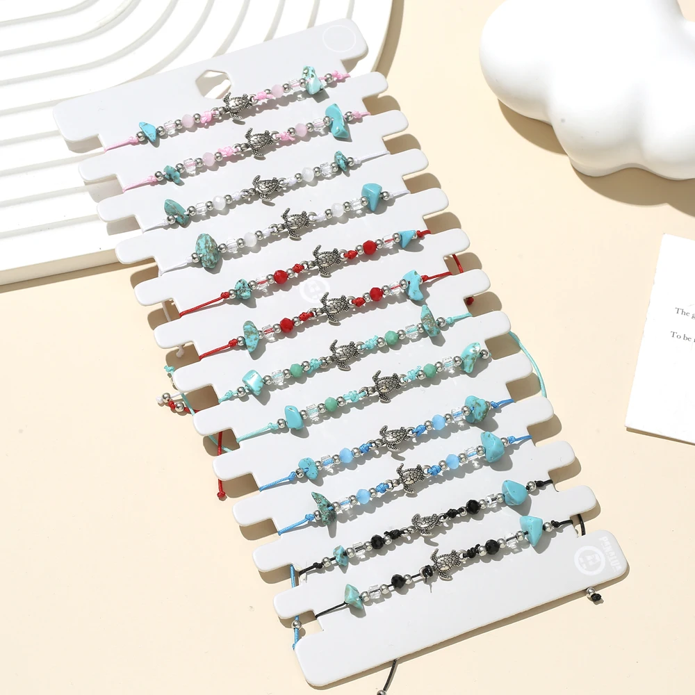 12pcs/set Alloy Turtle Charms Bracelet Set For Women Irregular Stones Beads Rope Adjustable Bracelet Set Jewelry Party Gifts