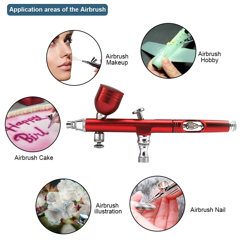 Airbrush Kits Dual-Action 0.2mm Nozzle Spray Gun Filter and Hose for Makeup Nail Tattoo Cake Decorating (Multiple Kit Choices)