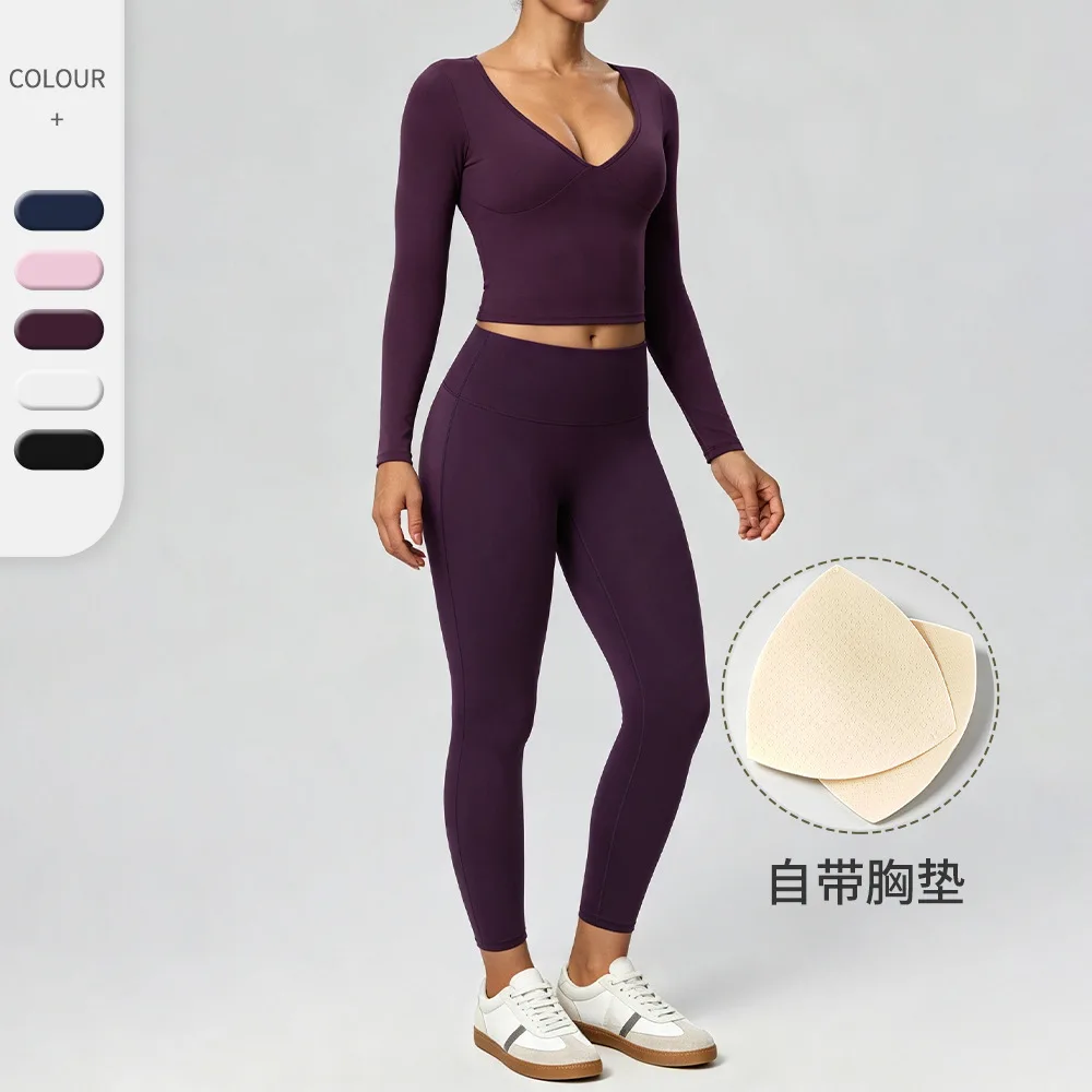 Yoga shaping set with soft and sticky double grinding deep V-long sleeves, tight and elastic long pants, fitness sportswear se