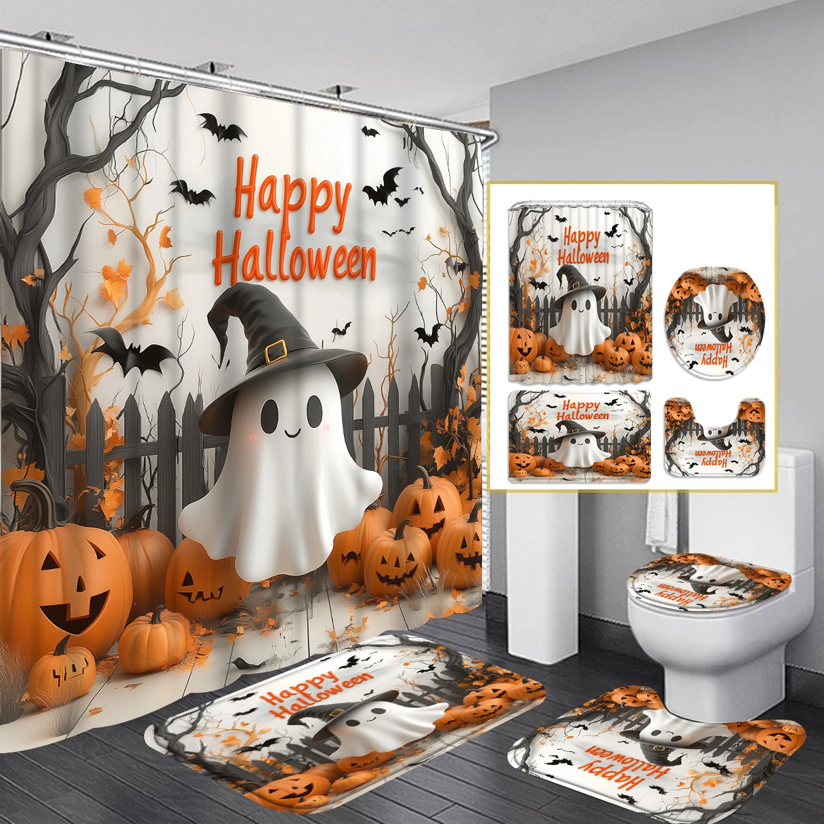 1/4PC Halloween pumpkin Cartoon fear shower curtain set,waterproof shower curtain and waterproof non-slip carpet,12free hooks