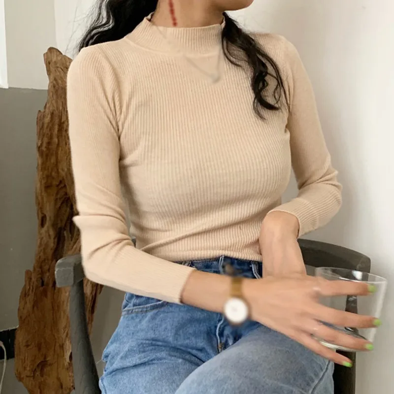 Solid Elegant Basic Knitted Women Turtlneck Sweater Casual Long Sleeve Slim Pullover Fashion Simple Clothes