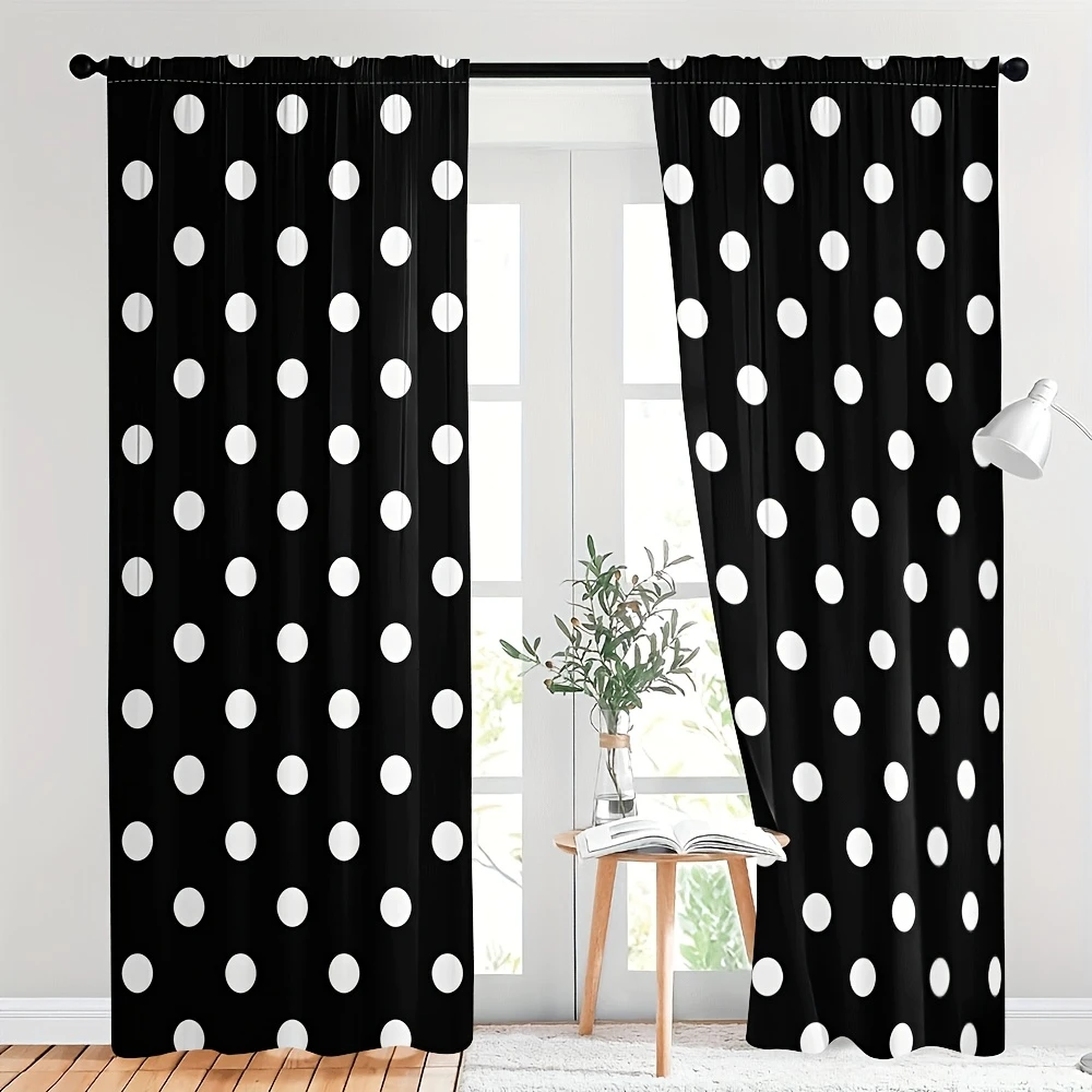 2PCS Digital Printed Curtains, Black White Polka Dot Pattern, Classic Retro Style for Living Room Bedroom Kitchen Home Decor