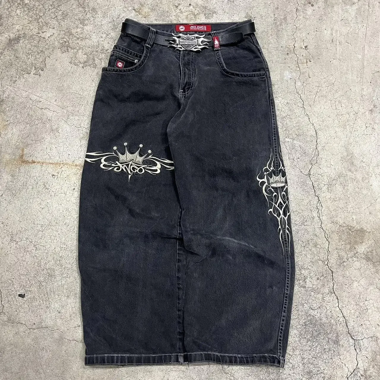 JNCO-Jeans الرجعية ، هاراجوكو ، هيب هوب ، ملابس الشارع الجرافيكية ، بنطلون Y2K ، فضفاض ، بنطلون أسود ، قوطي ، خصر مرتفع ، بنطلون واسع