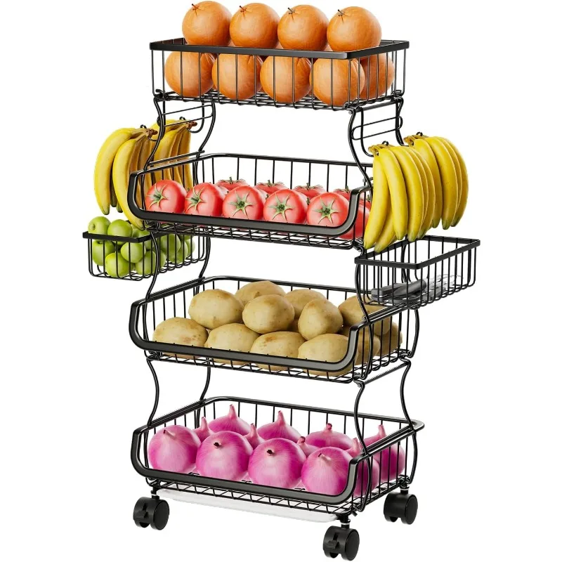 

4 Tier Rolling Cart, Stackable Fruit Vegetable Basket with Wheels and 2 Hanging Basket, Kitchen Storage Metal Wi