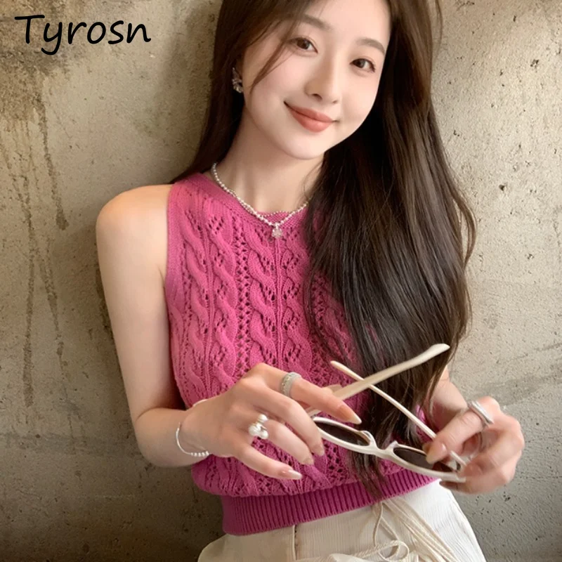 ถังผู้หญิงถักฤดูร้อนออกแบบ Hollow Out อารมณ์ Ulzzang ที่แพร่หลาย Hipster Streetwear ความงามเสื้อลําลองแขนกุด