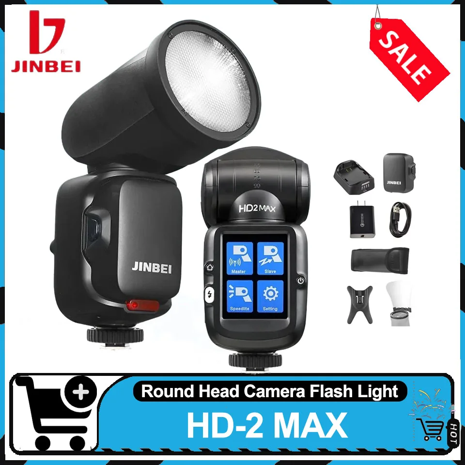 JINBEI HD-2 MAX 2,8" Универсальный горячий башмак HSS TTL с сенсорным экраном 0 ° -360 °   Горизонтальное вращение 2,4 ГГц Вспышка для беспроводной камеры