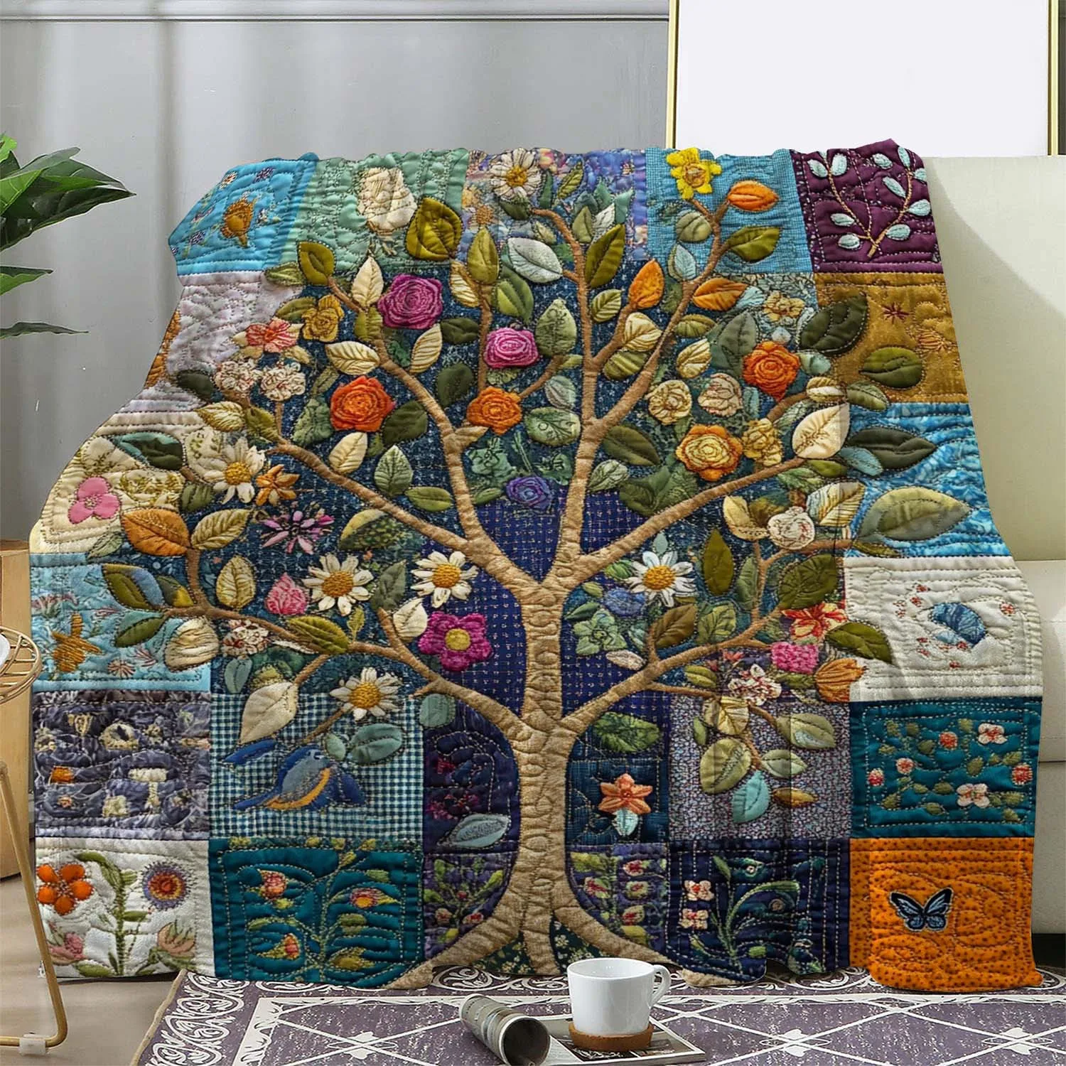 Vintage Tree of Life and Flowers Embroidered Throw Blanket Soft Cozy Flannel Knitted Quilt with All-Season Comfort for Sofa Bed