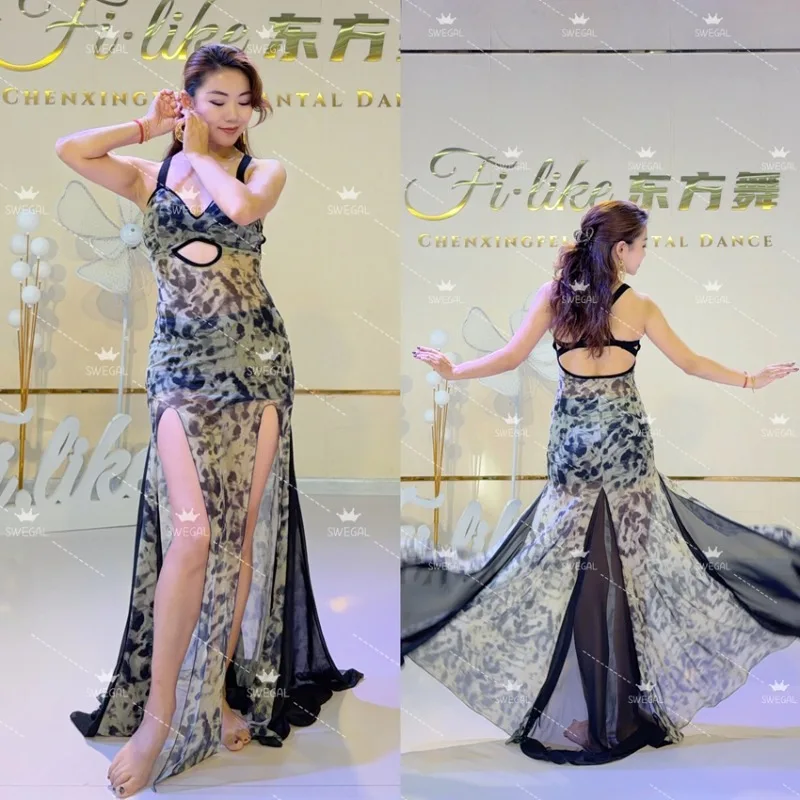 Customized Swegal Belly Dancewear Practice Dress Oriental Dance Dress Printed Mesh Insertion One-piece Big Swing Skirt Set