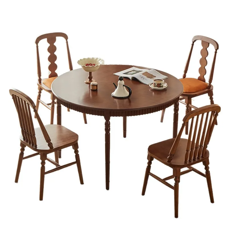 

New round tab le solid wood dining t able and chair combination household medieval round ta ble restaurant dining designer
