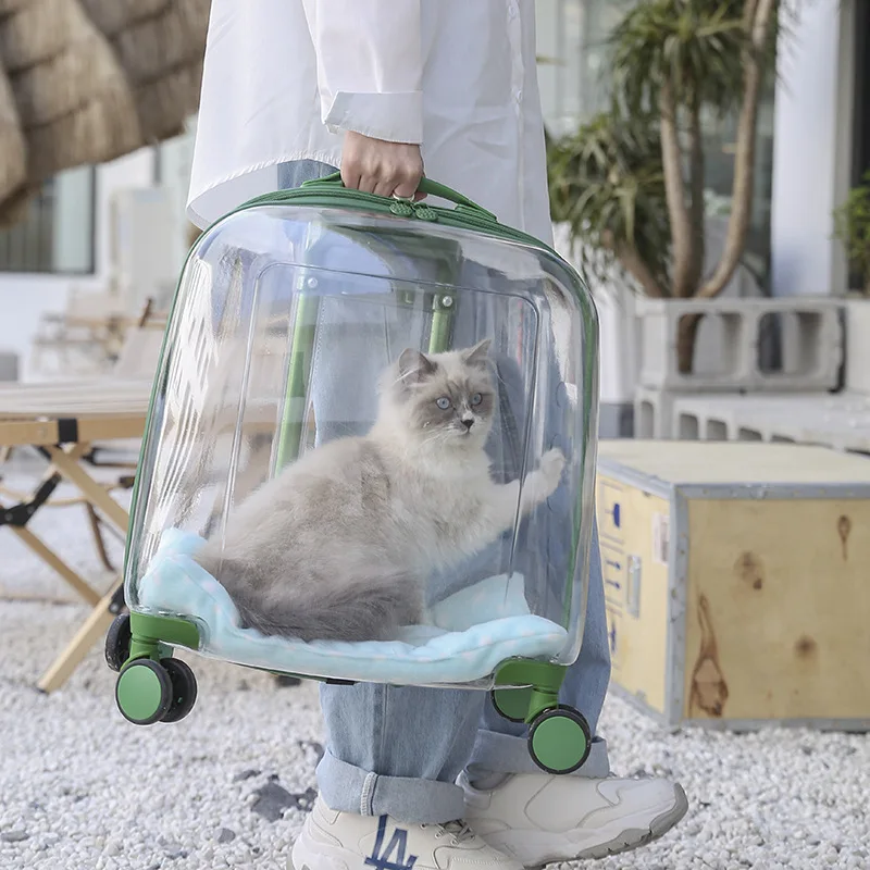 Transparent Cat Luggage Trolley Case Portable Backpack Large Transport Box Silent Wheel Dog Travel Bag Breathable Box