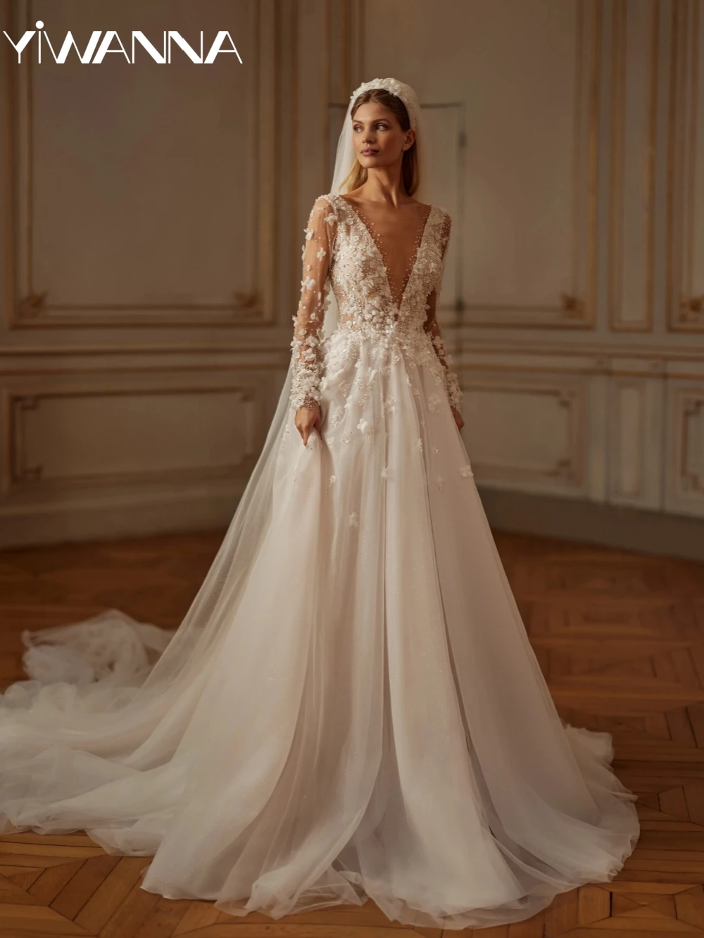 

Illusion Beaded Long Sleeve Wedding Dress With 3D Flower Sexy Deep V-neck Backless Bridal Gown Customized Dresses For Bride