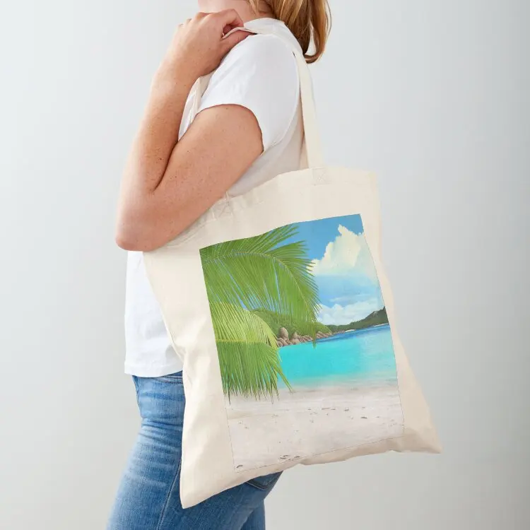 

White Sand Beach with Palm Trees and Turquoise Sea - Tropical and Relaxing Illustration Tote Bag