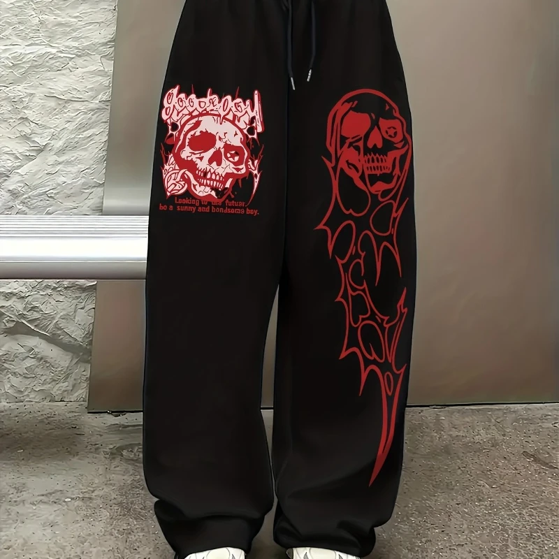 

Американские авангардные прямые брюки с принтом черепа для фитнеса, мужские эластичные повседневные брюки с темным принтом