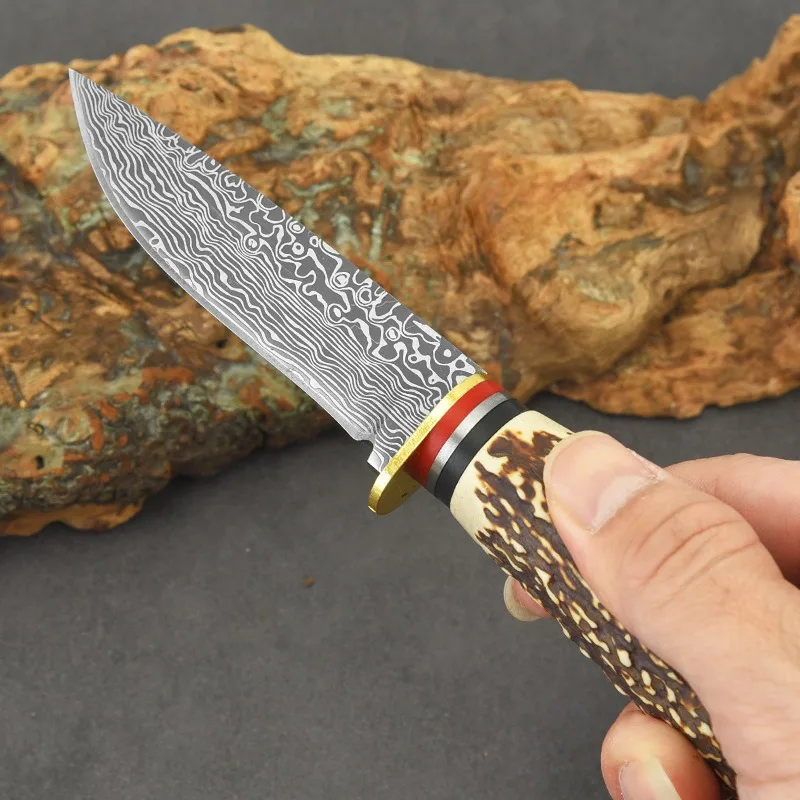 Straight Knife Outdoor Damascus Pattern Bone Imitation Handle Knife Multi functional High Hardness pocket knife fixed blade