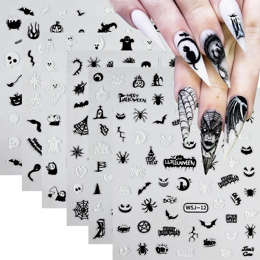 

3D Black White Halloween Nail Art Sticker Ghost Spider Bat Pumpkin Cat Horror Design Festival Nail Slider Halloween Nail Supplie