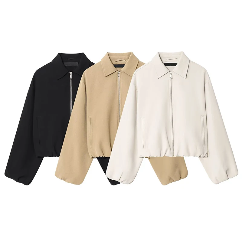 

European And American Style Women Fashionable Versatile Front Zipper Long Sleeved Loose Short Jacket Autumn Coat