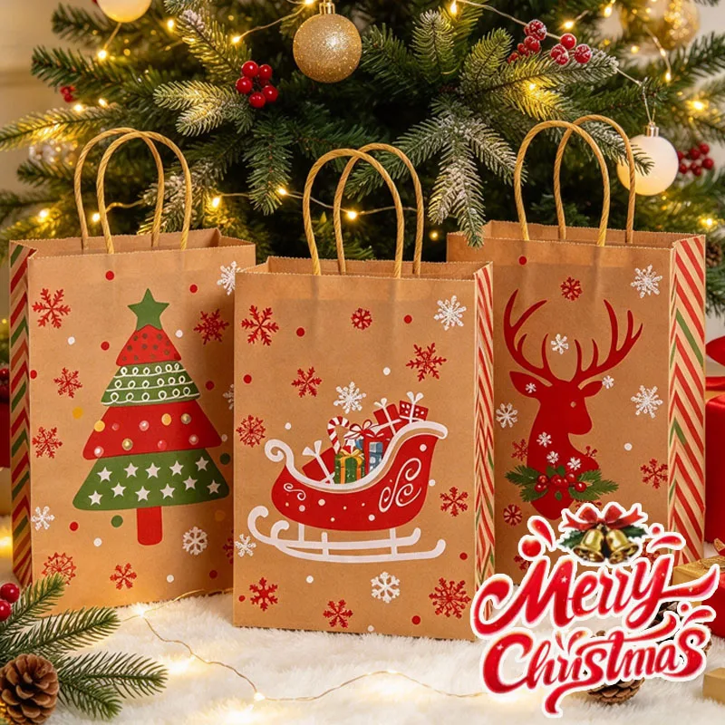 12-24PCS Christmas Paper Gift Bags Kraft Shopping Bags Snowflake Reindeer Design for Holiday Gifts Party Favors and Packaging