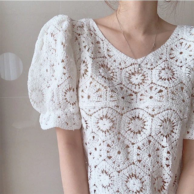 Ladies Puff Sleeve Vintage Lace Crop Top Women Summer New Fashion Casual Female Elegant T-shirt Dropshipping Cheap Wholesale