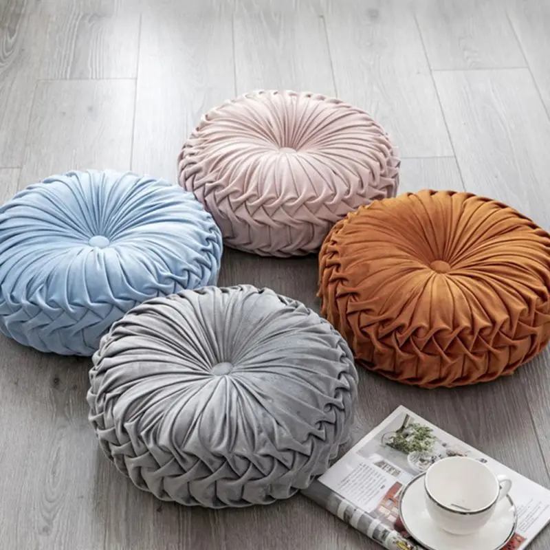 38cm Round Pleated Throw Pillow Soft Velvet Cushion Floor Pillows for Living Room Chair Couch Sofa Decorative Pillows For Bed