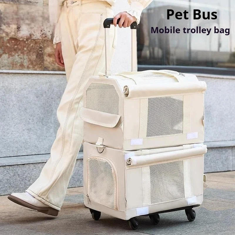 Double Layer Breathable Pet Carrier with Wheels Foldable Outdoor Travel Cat Trolley Case for Two Cats Portable Pet Trolley bag