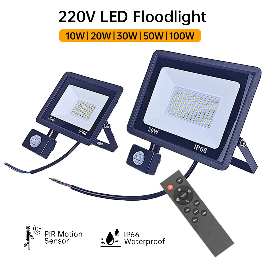 AC220V PIR Motion Sensor LED Floodlight with Remote 10W 20W 30W 50W 100W IP66 Waterproof Outdoor Reflector Street Lighting