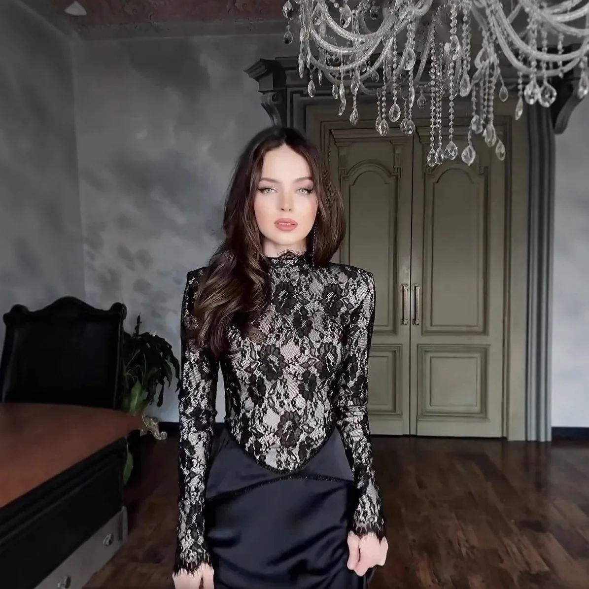 Women Two Piece Sets Skirt Set Full Sleeve Top Lace Long Skirts A Line High Waist Slim Fit Y2k Streetwear Elegant Evening Summer