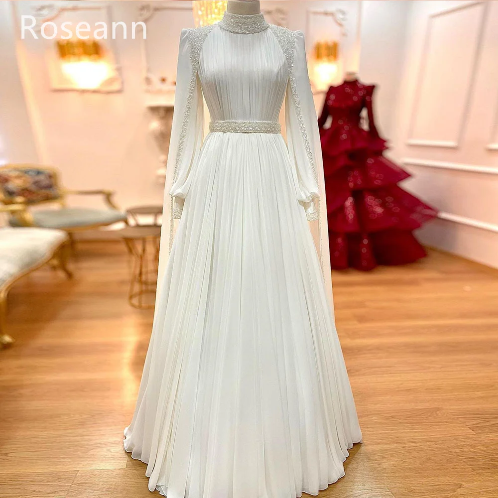 ที่กําหนดเองมุสลิมสูงงาช้าง A-Line ชุดแต่งงาน Paillette พับ Draped จีบเข็มขัดชุดเจ้าสาว Robe de mariée 2025