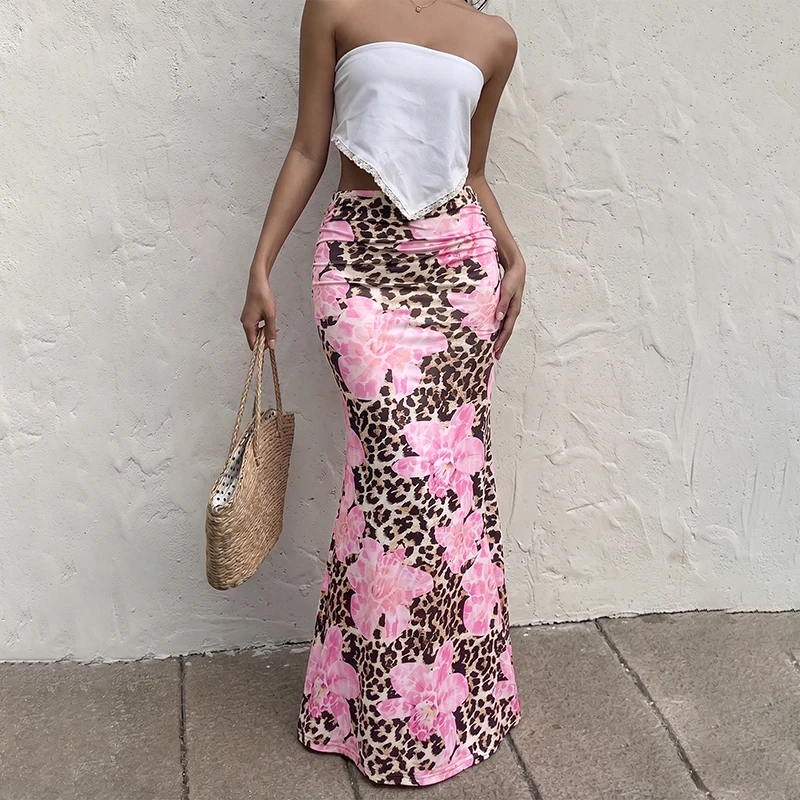 

Women's A-line fish-tail skirt for summer, elegant high-waisted leopard print long dress for the summer season