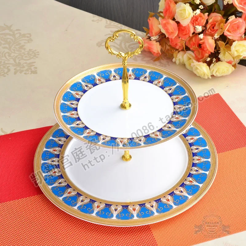 Bone China Embossed Gold Double Layer Cake Plate Fruit Plate Dried Fruit Tray Afternoon Tea Dessert Dim Sum Plate Cake Stand