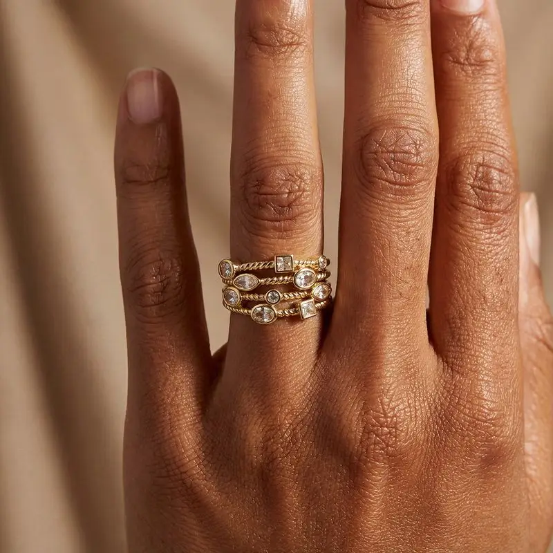 Daily Wear Geometric Multi-Layer Cubic Zircon Rings for Women Gold Colour High Quality Female Accessories Wedding Party Jewelry