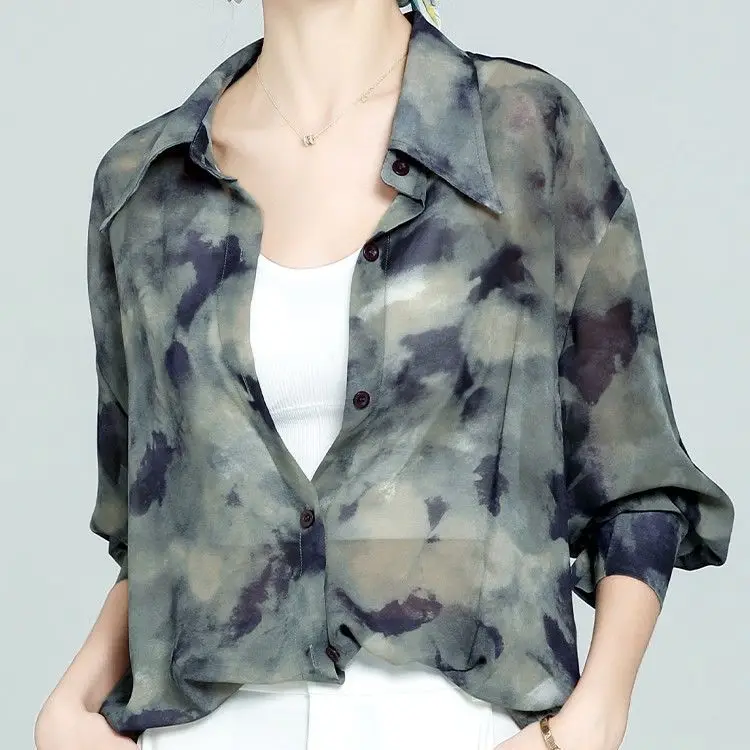 

Женская рубашка с цветочным принтом в стиле тай-дай, в ретро-стиле Гонконга, с защитой от солнца, тонкая, летняя, с длинными рукавами, свободного кроя, миди-длины, из шифона