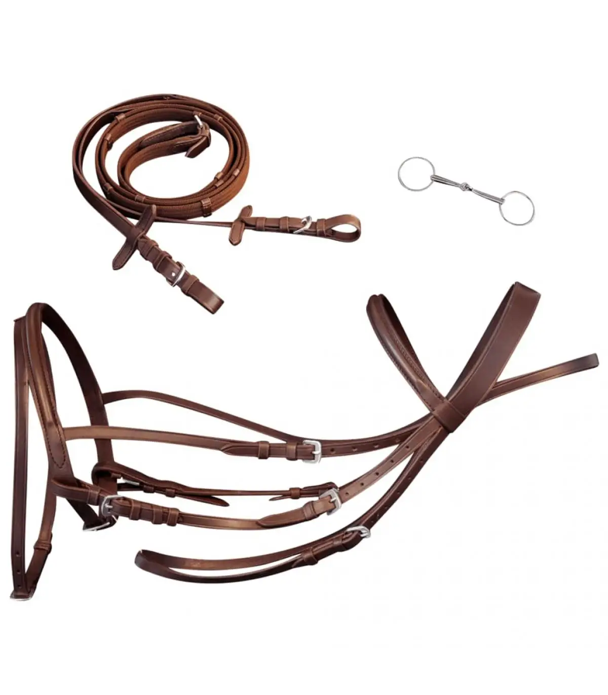 Brown leather Flash bridle heads with reins and bite (Pony)