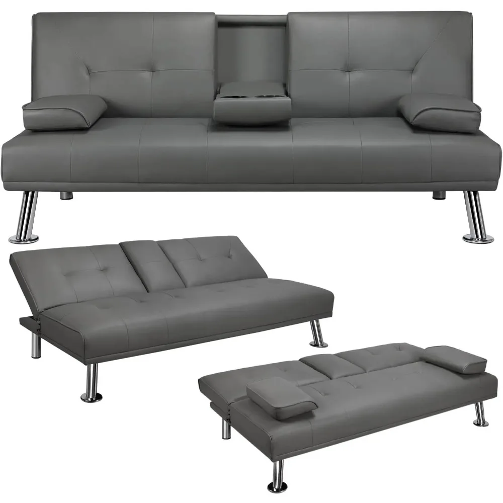 Modern Faux Leather Sofa Bed Convertible Folding Futon with Armrest Home Recliner Home Furniture for Living Room Gray