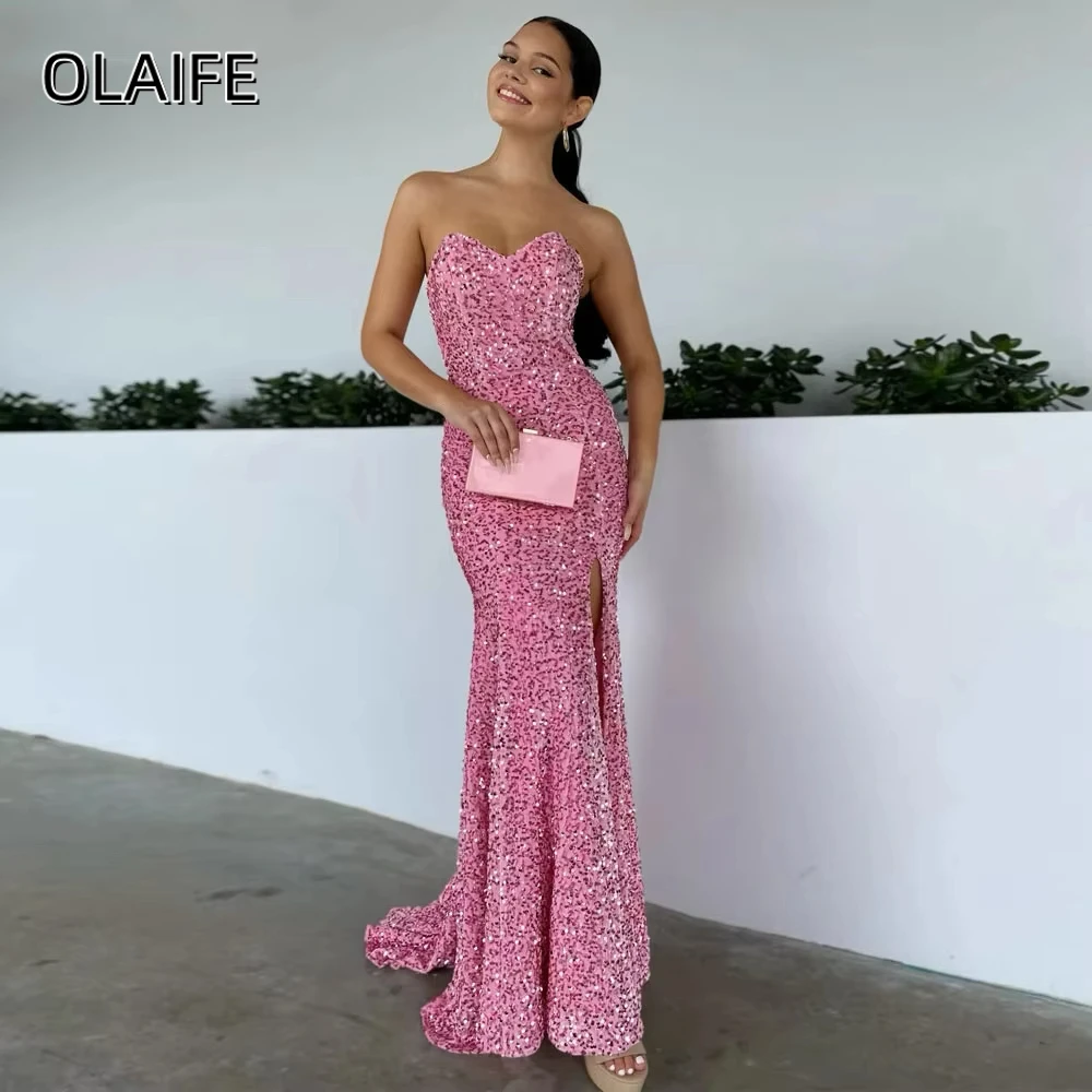 Olaife Sweetheart Mermaid Evening Gowns Split Corset Back Sparkling Sequined Velvet Sexy Party Prom Dresses Robe De Soiree